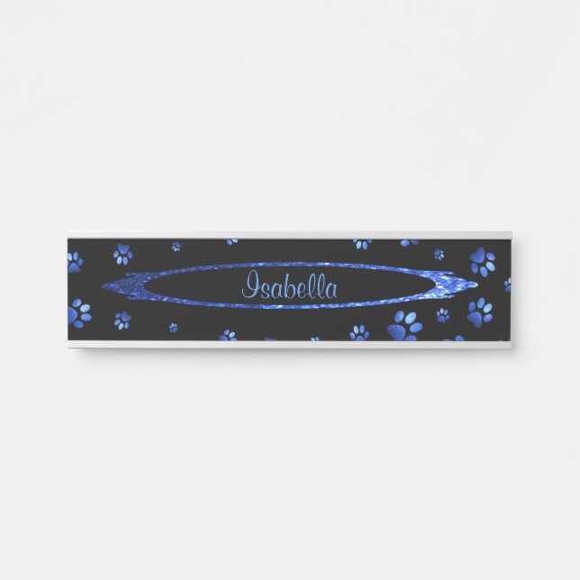 Blue glitter dog paw pattern Monogram Door Sign (Front)