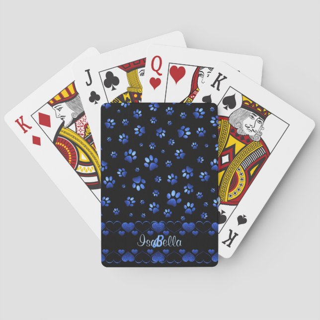 Blue glitter dog paw pattern, Monogram Playing Cards (Back)