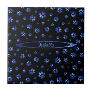 Blue glitter dog paw pattern Monogram Tile