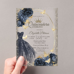 Blue Glitter Dress,Roses,Butterflies  Acrylic Invitations