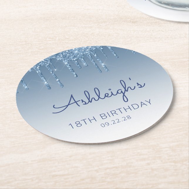 Blue Glitter Drip 18th Birthday Party Round Paper  Coaster (Angled)