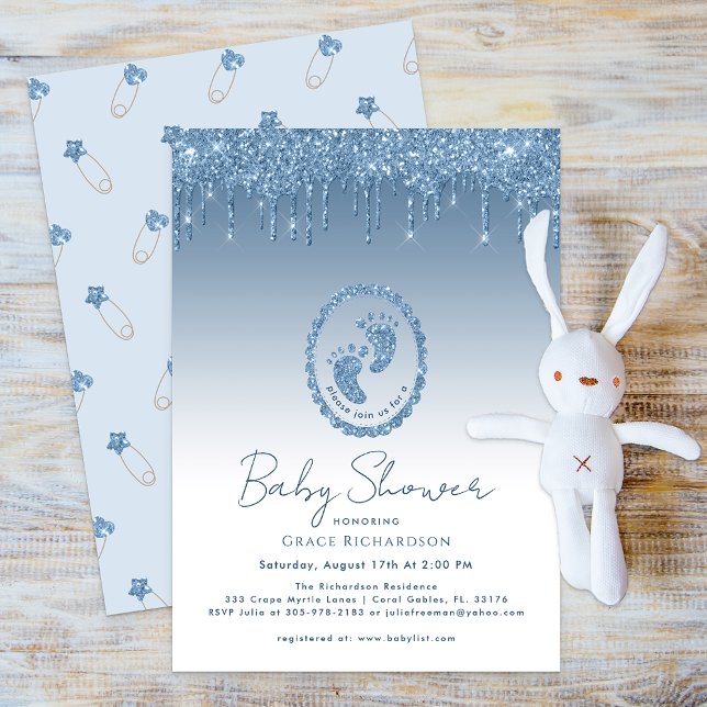 Blue Glitter Drip Baby Shower Invitation  (Blue Glitter Elegant Baby Shower Invitation)