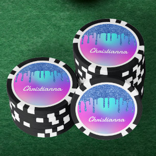 Blue Glitter Drip Fluorescent Neon Pink & Purple Poker Chips