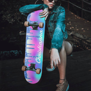 Blue Glitter Drip Fluorescent Neon Pink & Purple Skateboard