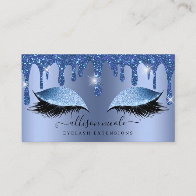 Blue Glitter Drip Metallic Foil Eyelash Business Card (Front)