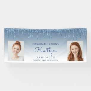 Blue Glitter Drip Two Photo Graduation Banner