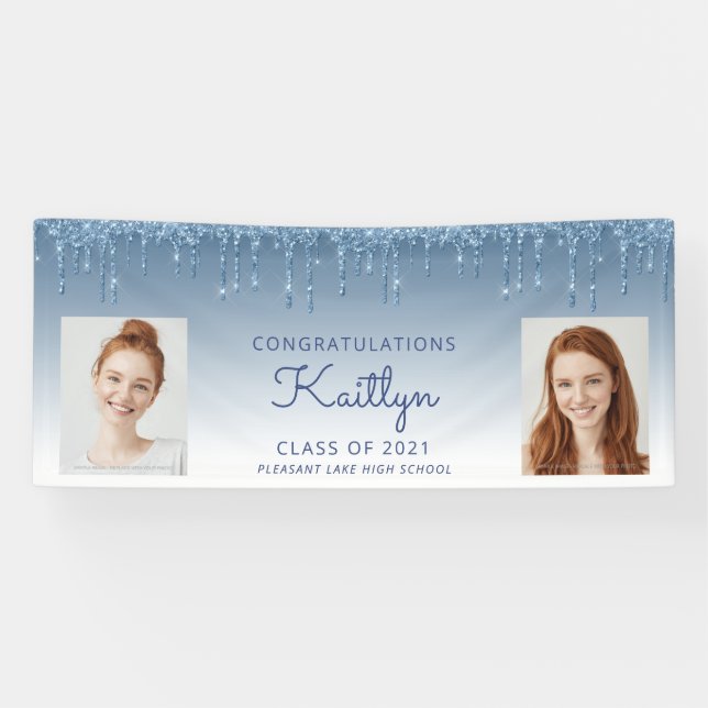 Blue Glitter Drip Two Photo Graduation Banner (Horizontal)