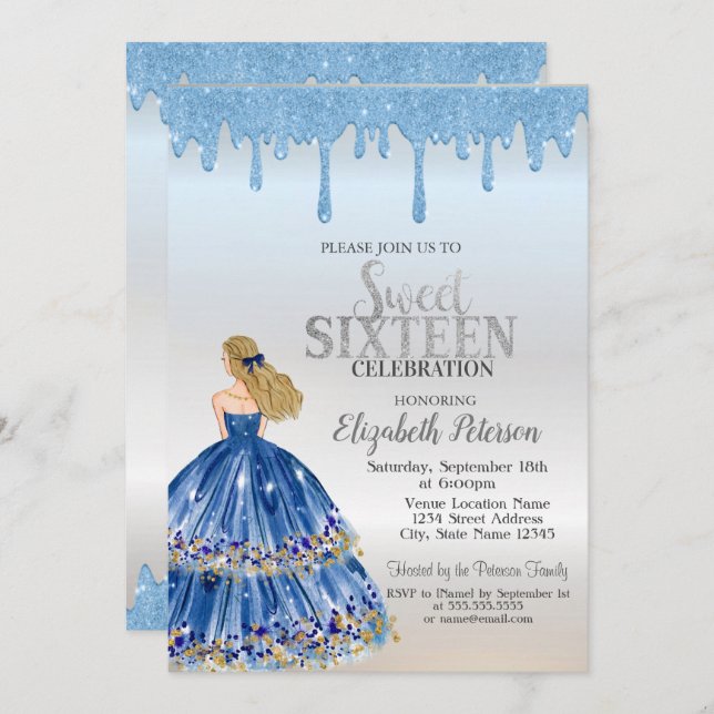 Blue Glitter Drips,Blue Dress Girl Sweet 16  Invitation (Front/Back)