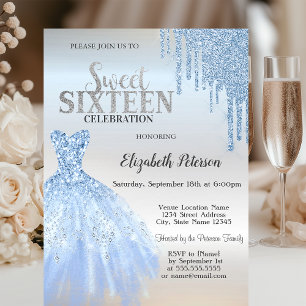 Blue Glitter Drips,Blue Dress Silver Sweet 16  Invitation