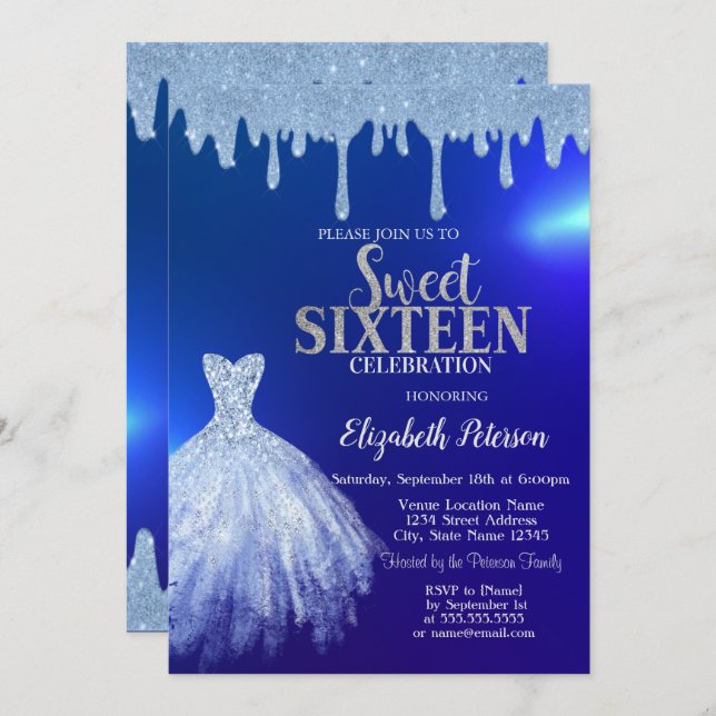  Blue Glitter Drips,Dress Blue Sweet 16 Invitation (Front/Back)
