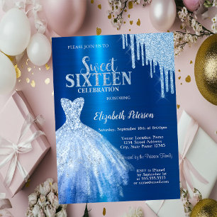 Blue Glitter Drips,Metallic Blue Dress  Invitation