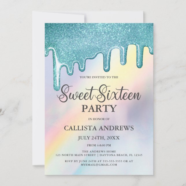 Blue Glitter Drips Rainbow Holographic Sweet 16 Invitation (Front)