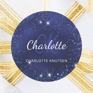 Blue glitter dust monogram name classic round sticker