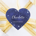 Blue glitter dust monogram name heart sticker<br><div class="desc">A classic navy blue background,  the blue colour is uneven. Decorated with faux glitter dust. Personalise and add your first name,  monogram initials and full name.</div>