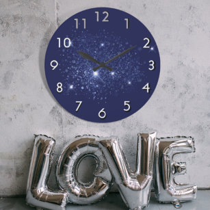 Blue glitter dust sparkle large clock