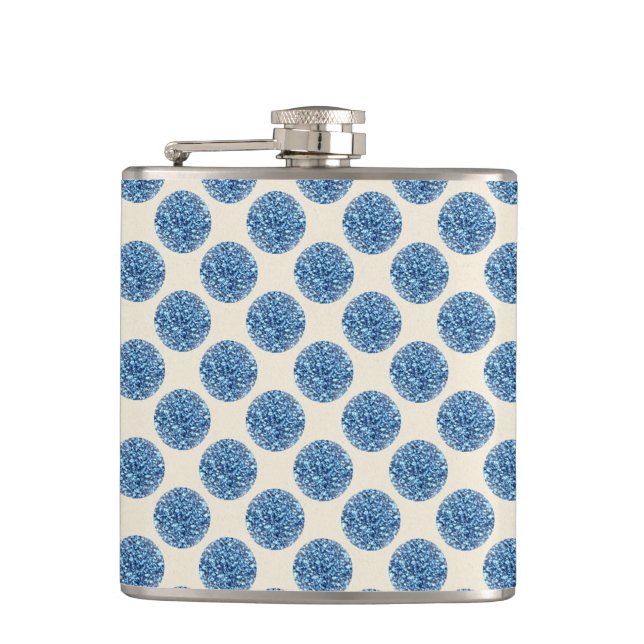 Blue Glitter Faux Foil Confetti Dots Hip Flask (Front)