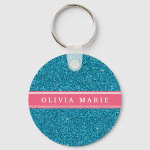 Blue Glitter (faux) Pink Personalised Name Key Ring