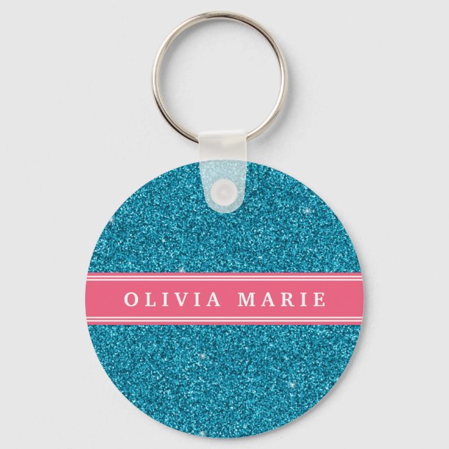 Blue Glitter (faux) Pink Personalised Name Key Ring (Front)