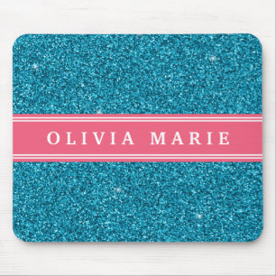 Blue Glitter (faux) Pink Personalised Name Mouse Pad