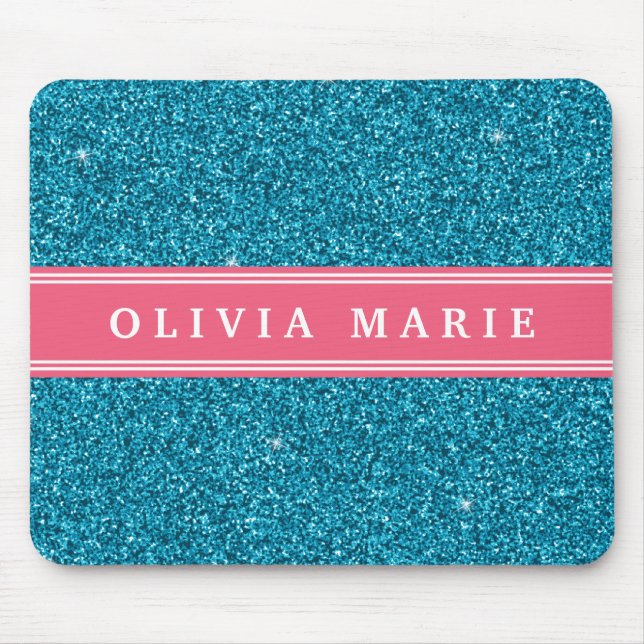 Blue Glitter (faux) Pink Personalised Name Mouse Pad (Front)