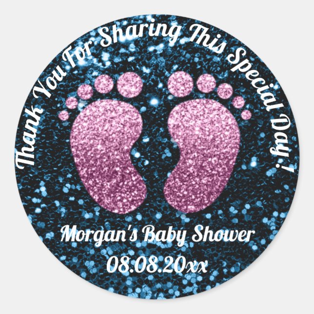 Blue Glitter Feet Baby Shower Favour Thank You Classic Round Sticker (Front)
