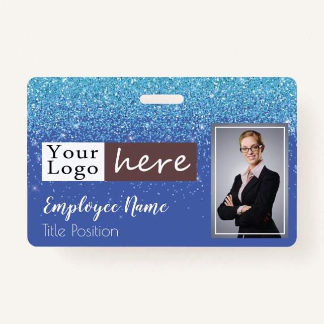 Blue Glitter Girly One Photo Employee Name ID Badge (Front)