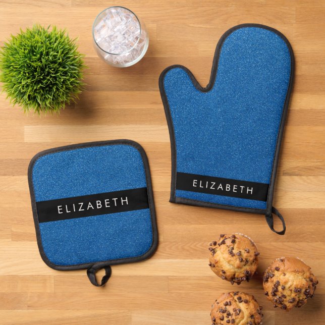 Blue Glitter, Glitter Background, Your Name Oven Mitt & Pot Holder Set (Top Down)