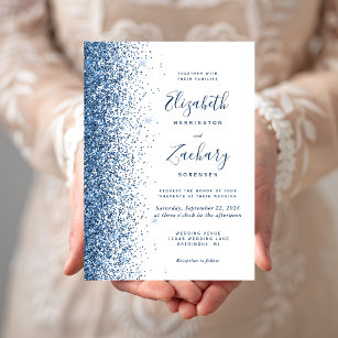 Blue Glitter Glitter Edge White Wedding Invitation