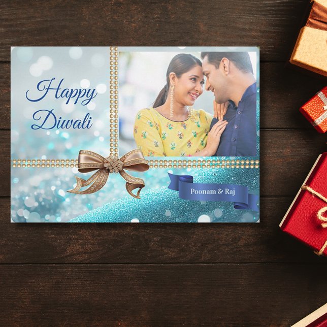 Blue Glitter Gold Bow Diwali Photo Greeting Holiday Card (Creator Uploaded)