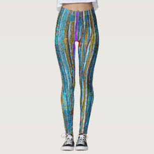 Blue Glitter & Golden Striped Pattern Leggings