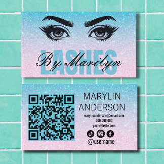 Blue Glitter Gradient Lashes QR Code Scannable Business Card