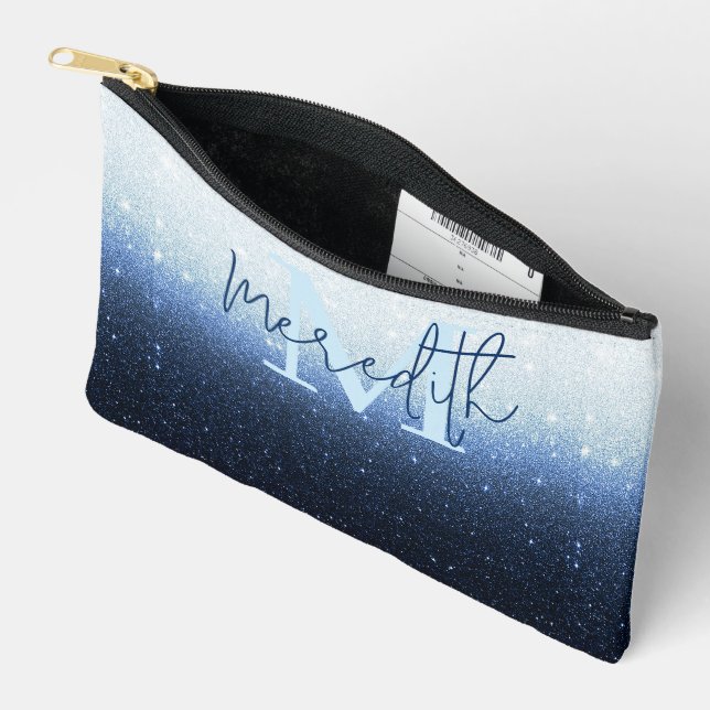 Blue glitter gradient personalised accessory pouch (Open)