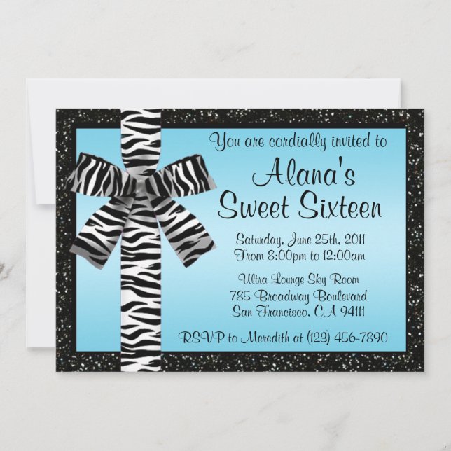 Blue Glitter Invite With Zebra Print Bow (Front)