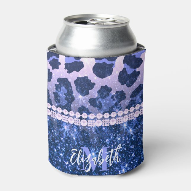Blue Glitter Leopard Print Can Cooler (Can Front)