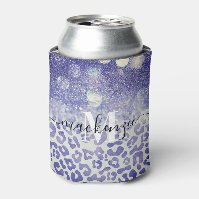 Blue Glitter Leopard Print Can Cooler (Can Front)