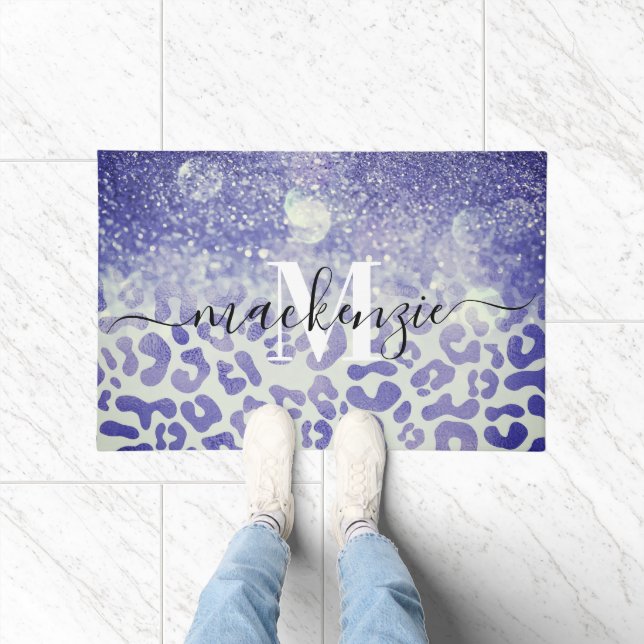 Blue Glitter Leopard Print Doormat (Indoor)