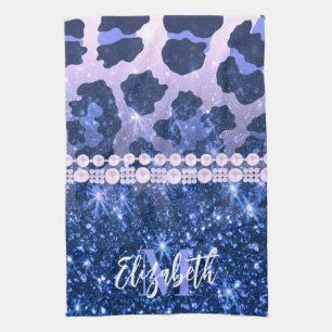 Blue Glitter Leopard Print Tea Towel