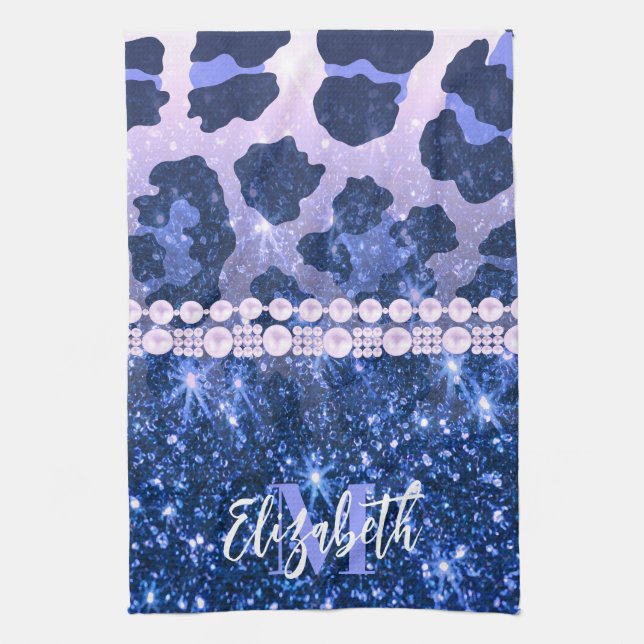 Blue Glitter Leopard Print Tea Towel (Vertical)