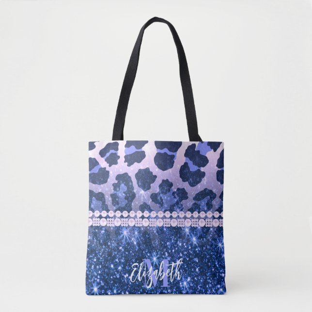 Blue Glitter Leopard Print Tote Bag (Front)