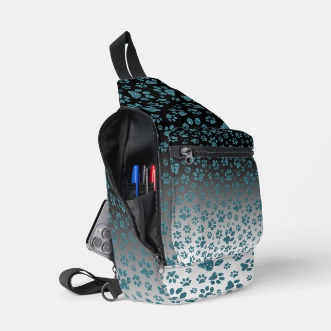  Blue glitter light effect print paws Sling Bag (Open)