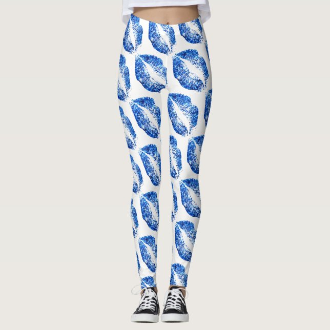 Blue Glitter Lips Modern White Leggings (Front)