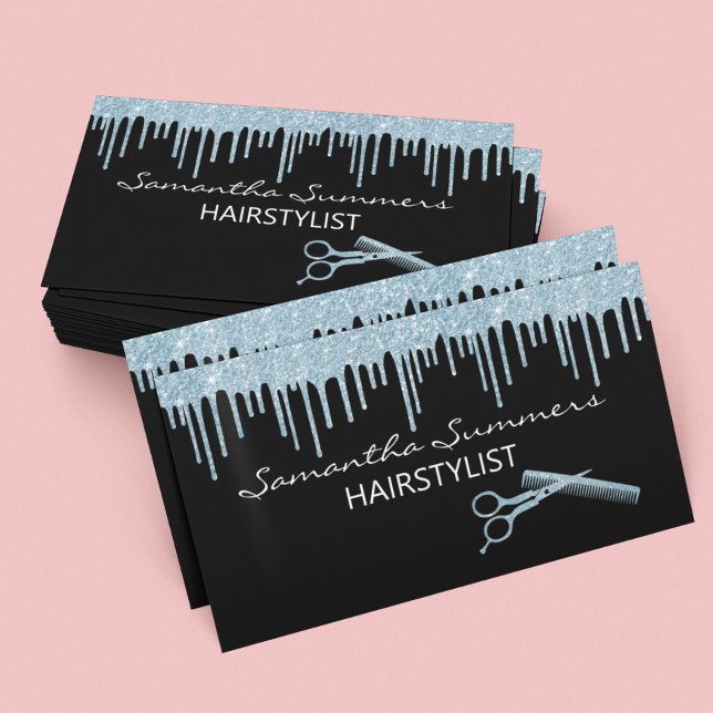 Blue Glitter Look Hairstylist Brush Scissors Business Card (Creator Uploaded)