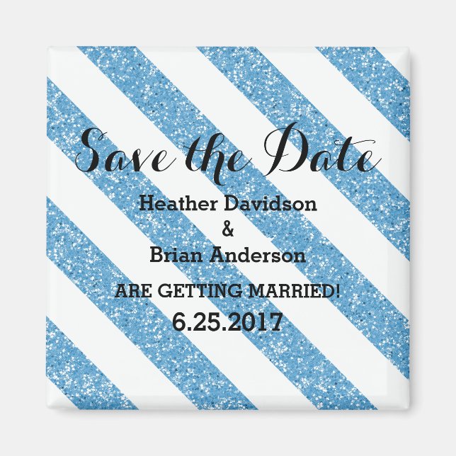 Blue Glitter Look Stripes Save the Date Magnet (Front)