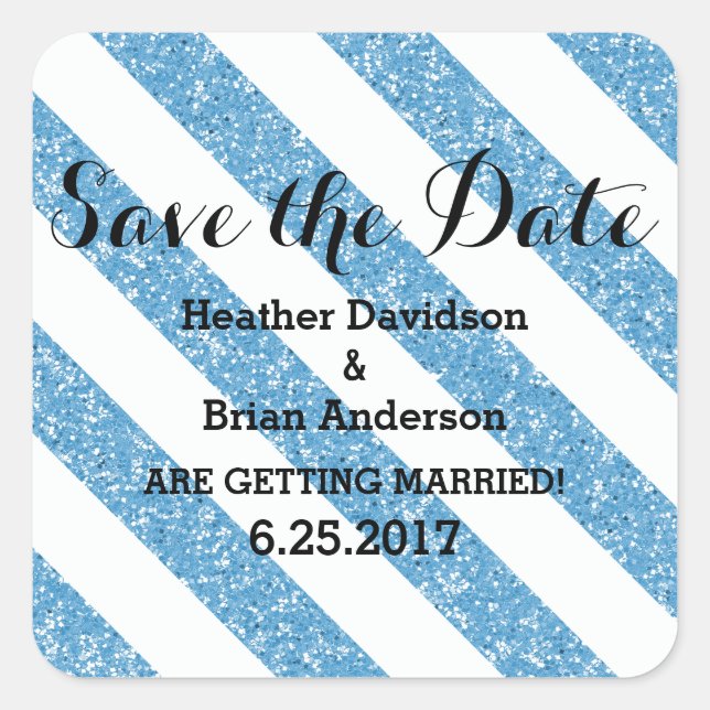 Blue Glitter Look Stripes Save the Date Stickers (Front)