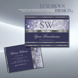 Blue Glitter Luminous Stars Initials Silver Border Business Card