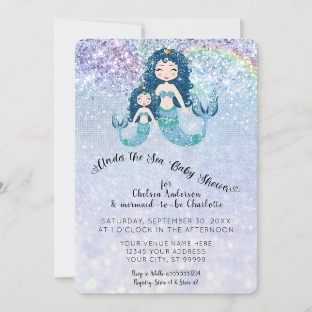 Blue Glitter Mermaids Under the Sea Baby Girl Invitation (Front)