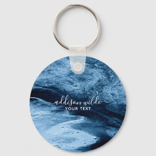 Blue Glitter Modern Abstract Personalized Key Ring