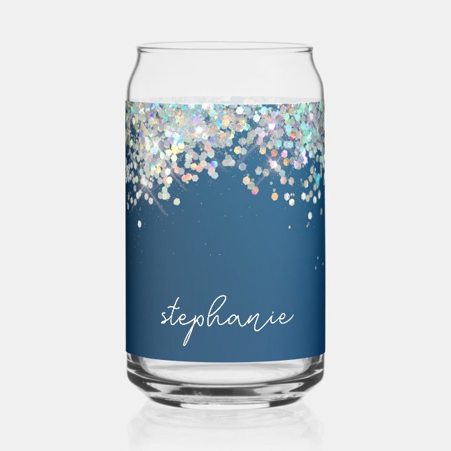Blue Glitter Monogram Holographic Modern Custom Can Glass (Front)