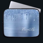 Blue Glitter Monogram Laptop Sleeve<br><div class="desc">Personalised chic and girly laptop sleeve featuring blue faux glitter dripping down a blue faux metallic background. Monogram with your name in a stylish white script.</div>