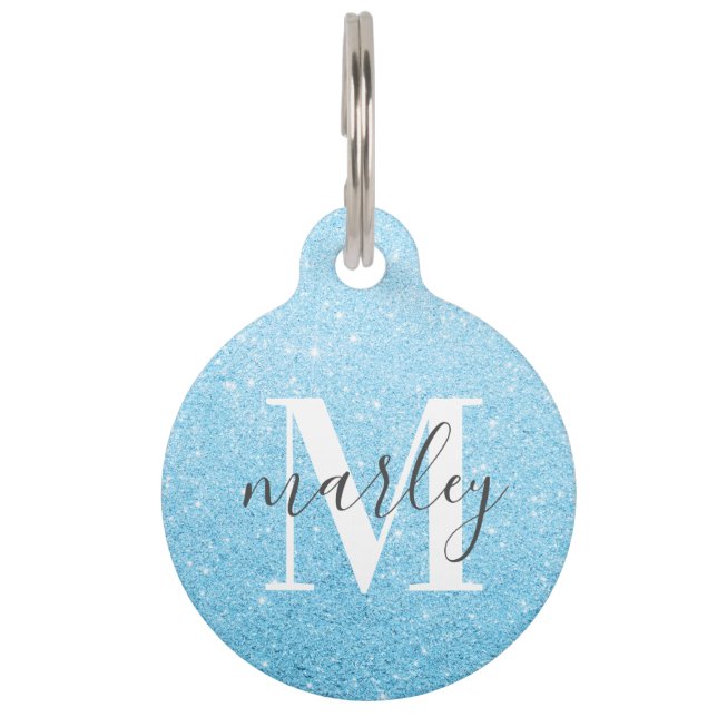 Blue Glitter Monogram Name Pet Tag (Front)
